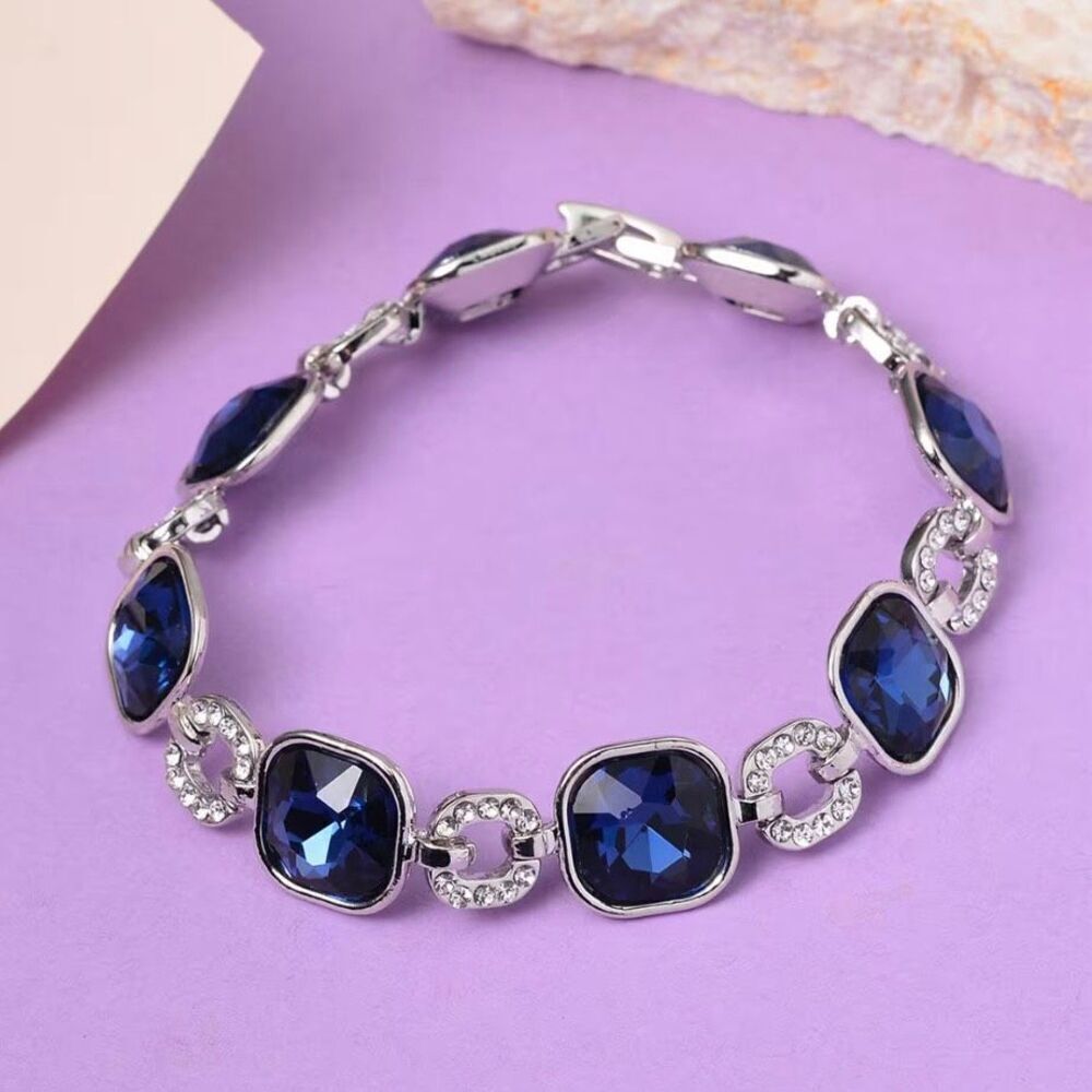 Blue Sapphire Glass & White Aurora Borealis Austrian Crystal Adjustable Bracelet